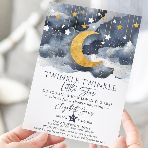 Twinkle Twinkle Little Star Baby Shower Invitation, Navy and Gold Baby Shower Invite, Gender Neutral, Template, Instant Download, BA-27