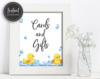 Rubber Ducky Baby Shower Cards and Gifts Table Sign Gender Neutral Blue Yellow Ducks Bubbles, Bath Instant Download Printable, BA-149