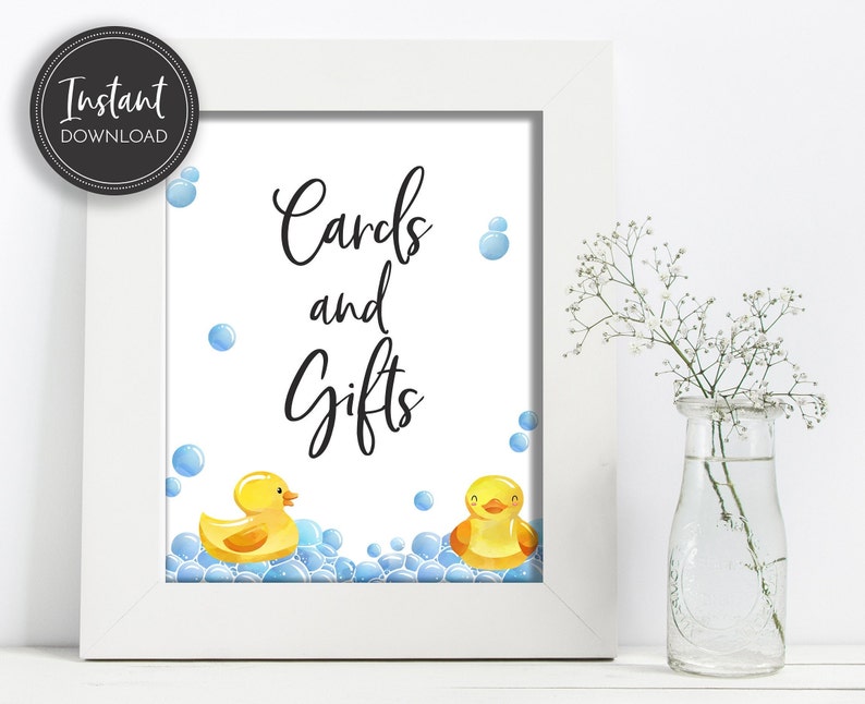 Rubber Ducky Baby Shower Cards and Gifts Table Sign Gender Neutral Blue Yellow Ducks Bubbles, Bath Instant Download Printable, BA-149 image 1