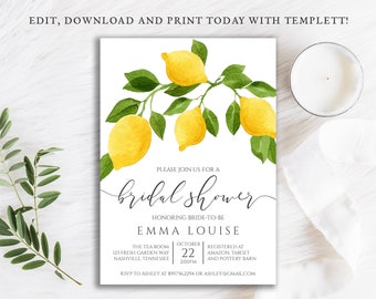 Lemon Bridal Shower Invitation, Lemon Bridal Invite, Lemon Wedding Shower, Summer Bridal Shower,  Digital Instant Template, BR-10