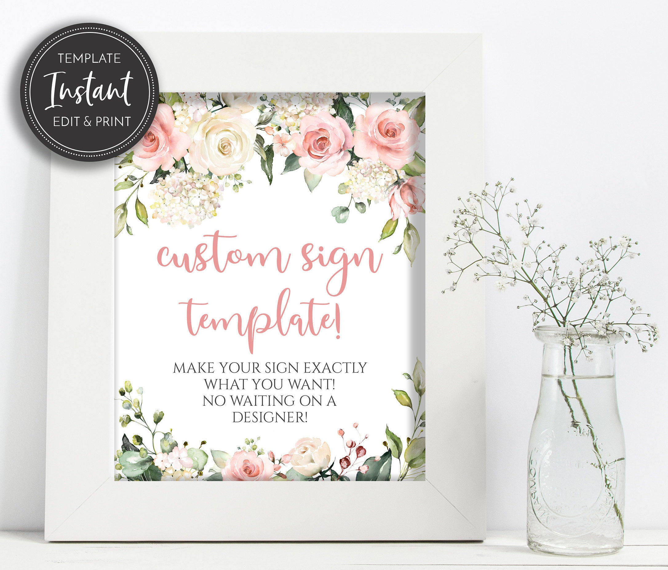Floral Baby Shower Sign Template: Blush Pink Roses (Digital Editable Template)