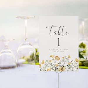 Signos de número de mesa de flores silvestres amarillas, plantilla de número de mesa de boda, imprimible, descarga instantánea, WD-305