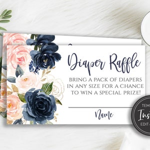 Blush Navy Flowers Diaper Raffle Card Template, Baby Shower Diaper Raffle, Digital Download, Printable, BA-71
