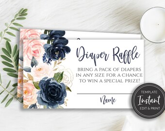 Blush Navy Flowers Diaper Raffle Card Template, Baby Shower Diaper Raffle, Digital Download, Printable, BA-71