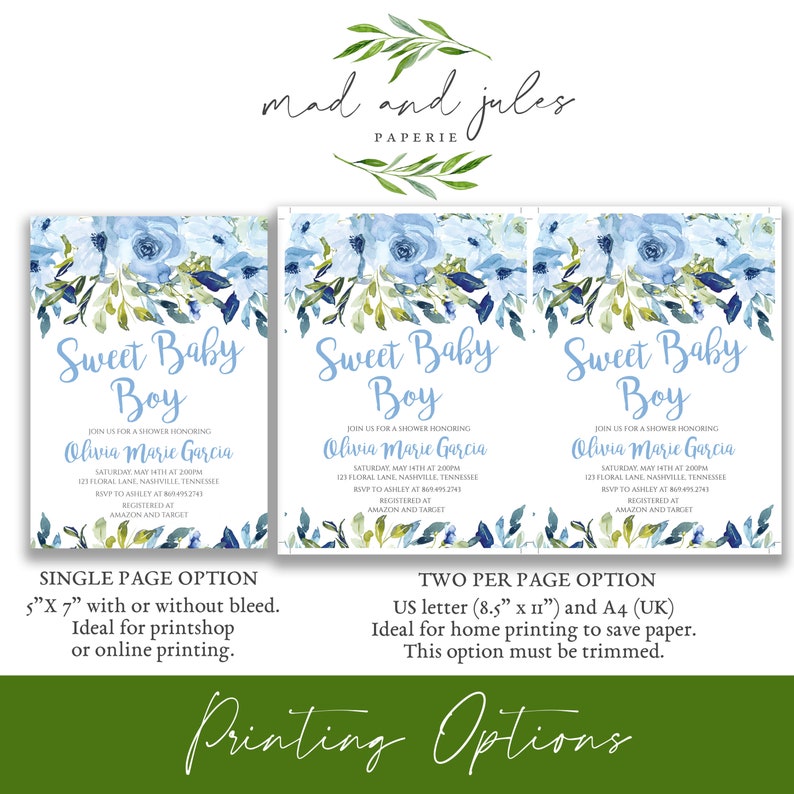 Blue Floral Baby Shower Bundle Sweet Baby Boy Invitation Etsy