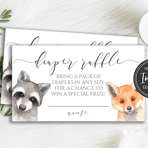 Woodland Baby Shower Diaper Raffle Card, Forest Animals Diaper Request Insert, Fox Raccoon Deer, Digital Download Template, BA-216