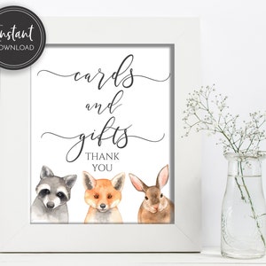 Woodland Baby Shower Card and Gifts Sign, Woodland Animals, Forest Animals, Digital Instant Download, BA-216