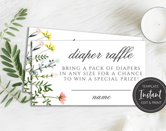 Wildflower Diaper Raffle Card Template, Floral Baby Shower Diaper Request Insert, Templett, Printable Instant Digital Download, BA-58