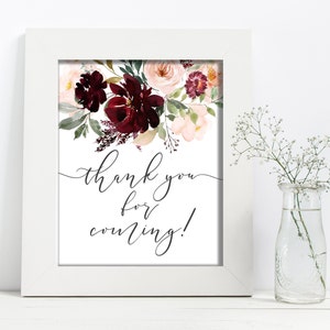 Blush Burgundy Floral Thank You Sign: Bridal Shower Decor (Digital Download)