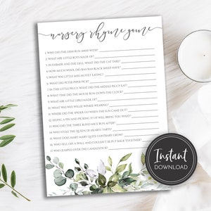 Elegant Greenery Nursery Rhyme Baby Shower Game, Instant Download, Printable Game, BA-155