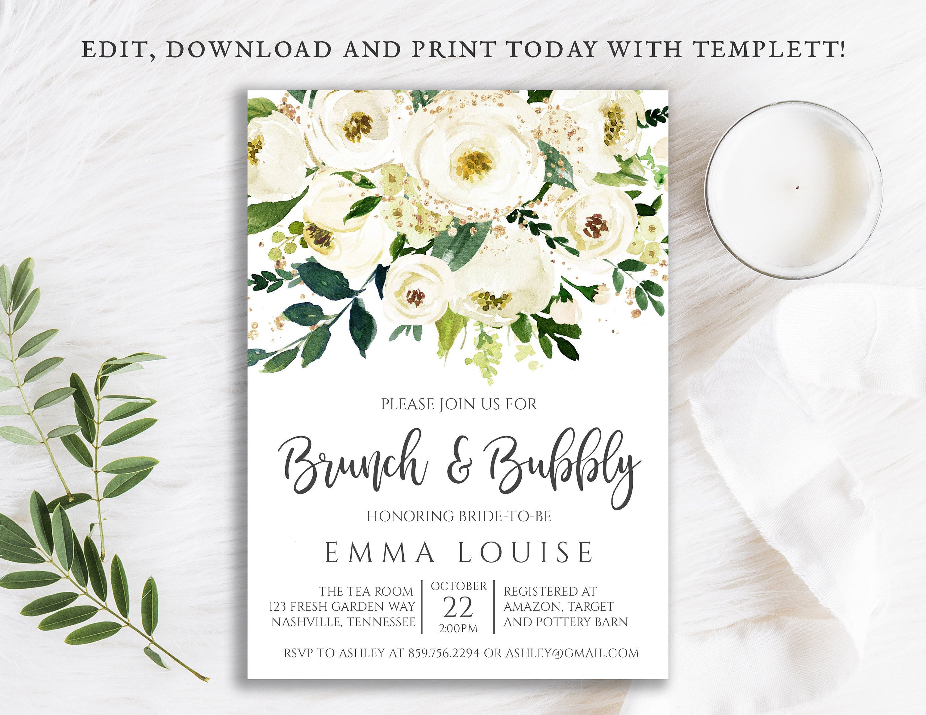 Brunch and Bubbly Bridal Shower Invitation Champagne Gold Glitter White Roses Wedding Floral Editable Template BR17