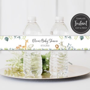 Jungle Animals Baby Shower Water Bottle Labels: Editable Safari Template (Digital Download)