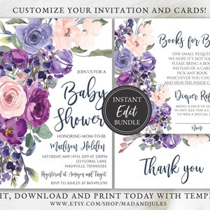 Lila Blumen Baby Shower Bundle-Vorlagen, Einladung, Bücher für Baby, Windel Verlosung, Dankes-Karte, Violet Lavendel, Printable, BA-180