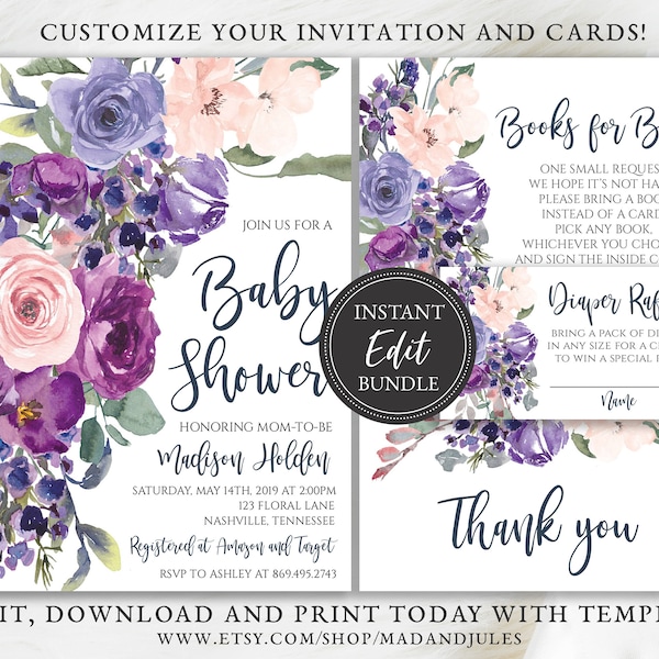 Purple Floral Baby Shower Bundle Templates, Invitation, Books for Baby, Diaper Raffle, Thank You Card, Violet Lavender, Printable, BA-180