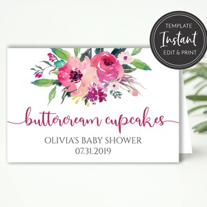 Floral Table Tent Place Cards Template: Pink Magenta, Baby Shower, Bridal Shower (Digital Download)