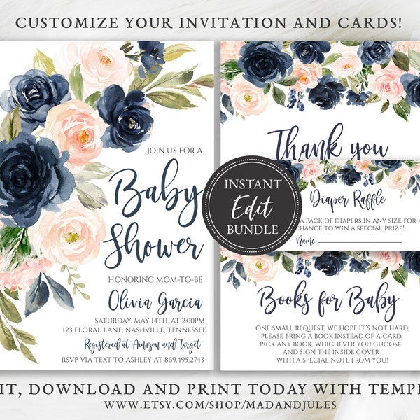 Blush Navy Baby Shower Bundle Templates, Invitation, Books Card, Diaper Raffle, Thank you, Pink Blue Floral, Digital Instant Downloads, 208