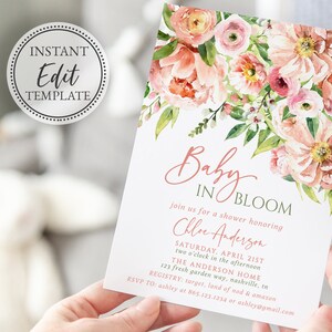 Baby in Bloom Baby Shower Invitation, Girl Baby Shower Invite, Floral Baby Brunch, Template, Printable Instant Digital Download, BA-181