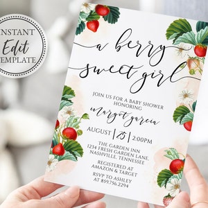 Strawberry Baby Shower Invitation, A Berry Sweet Girl Baby Shower Invite, Summer, Template, Printable Instant Digital Download, BA-77 image 1