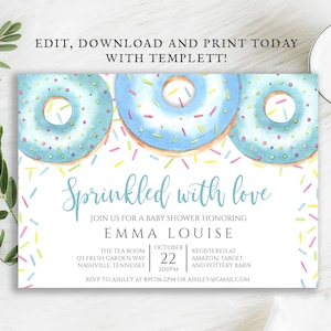 Donut Baby Shower Invitation, Boy Shower Invite, Sprinkled with Love Invite, Donut Invitation, Instant Download Template DIY, BA-195