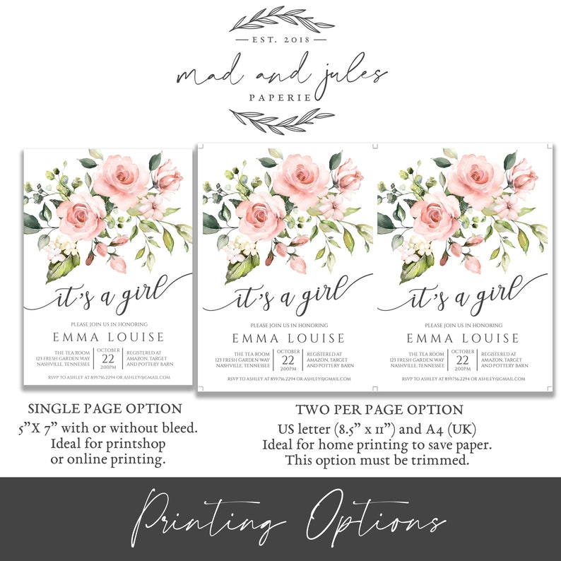 It/'s a Girl Invite BA-6 Blush Pink Roses Baby Girl Shower Invitation Digital Instant Download Template Pink Floral Baby Girl Invitation