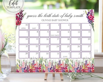 Purple Wildflower Guess Baby's Due Date Calendar Template, Baby Shower Game, 8x10 Print, 16x20 Sign, Digital Download Editable, BA-102