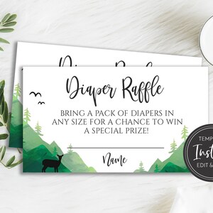 Adventure Awaits Diaper Raffle Card, Baby Shower Diaper Raffle Insert Mountains Woodland Bear Deer Moose Green Instant Download, BA-215