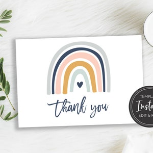 Boho Rainbow Thank You Card Template, Flat and Folded, Baby Shower, Navy, Templett, Printable, Digital Instant Download, BA-188