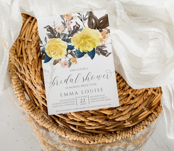 Rustic Bridal Shower Invitation, Yellow Roses Invite, Rustic Wedding Shower Invite, Shower Digital Instant Download Template, BR-100 Il_570xn