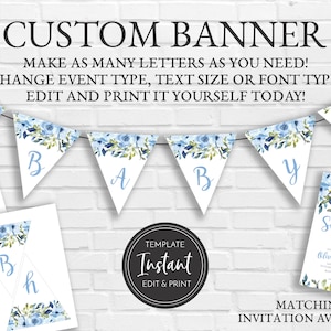 Blue Floral Custom Banner Template, Baby Boy Shower Banner, Bridal Shower, Printable, Digital Instant Download, BA-132