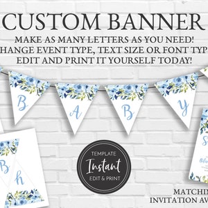 Plantilla de banner personalizado floral azul, banner de baby boy shower, despedida de soltera, imprimible, descarga instantánea digital, BA-132