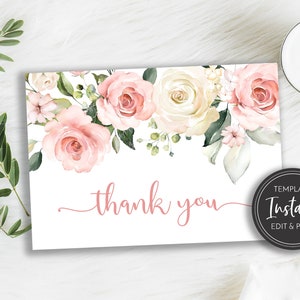 Blush Pink Roses Thank You Card Template, Floral, Baby and Bridal Shower, Flat and Folded, Printable Digital Download, BA-62, BR-39