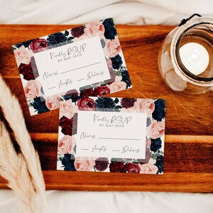 Floral Wedding RSVP Card Template: Navy & Burgundy (Digital Download)