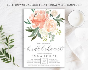 Peach Bridal Shower Invitation, Cream Blush Floral Invite, Digital Instant Download Editable Template DIY Printable, BR-44