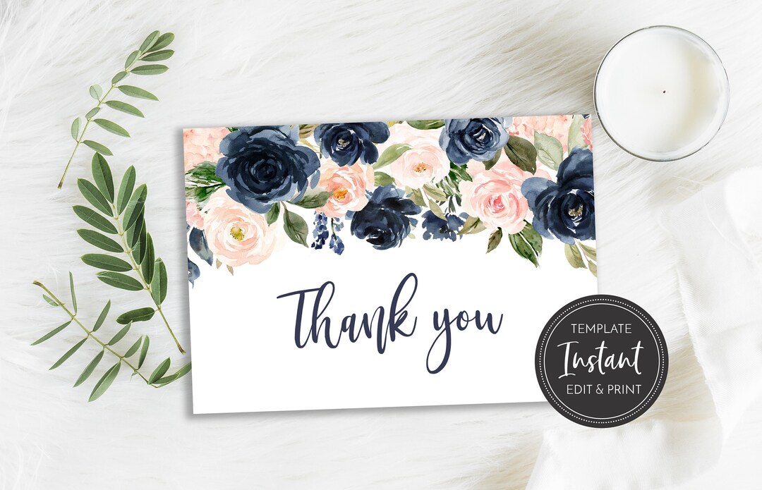 Blush Navy Floral Thank You Card Template: Printable Baby Shower ...