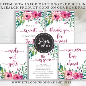 Fucsia Pink Bridal Shower Sign Bundle, Table Signs, Love is Sweet, Cards and Gifts, Ring Game, Mimosa Bar, Instant Downloads, BR-142