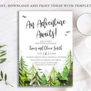 Adventure Awaits Baby Shower Invitation, Woodland Invite, Deer, Moose, Green, White, Template BA-177