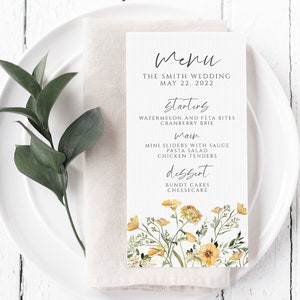 Gele Wildflower bruiloft menusjabloon, afdrukbare bruiloftsmenu, digitale Instant Download, DIY afdrukbare, WD-305