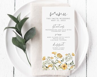 Yellow Wildflower Wedding Menu Template: Printable DIY (Digital Download)