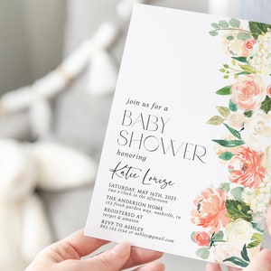 Peach Floral Baby Shower Invitation: White Roses (Printable Instant Download)
