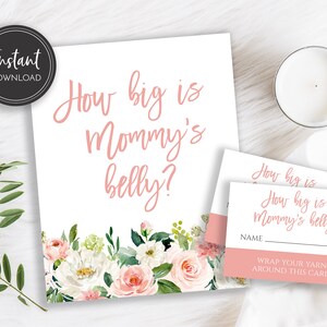 Blush Pink Quão grande é a barriga da mamãe Placa de chá de bebê e cartões de adivinhação, download instantâneo para impressão, BA-175, BA-89, BR-126