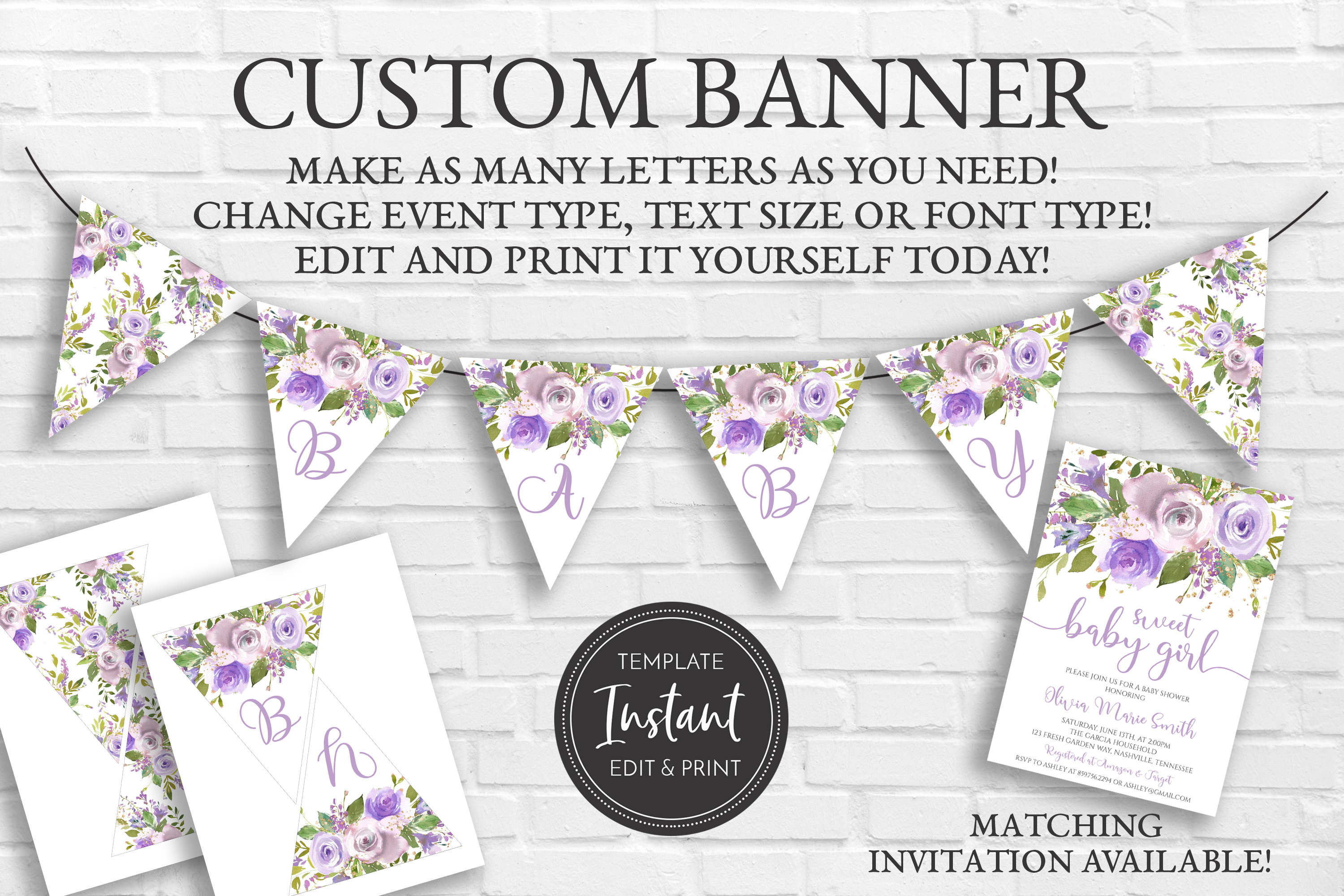 Lavender Purple and Gold Banner Template, Baby Shower, Bridal Shower, Edit  in Templett, Printable Download, BA-20, BR-20 Regarding Bridal Shower Banner Template