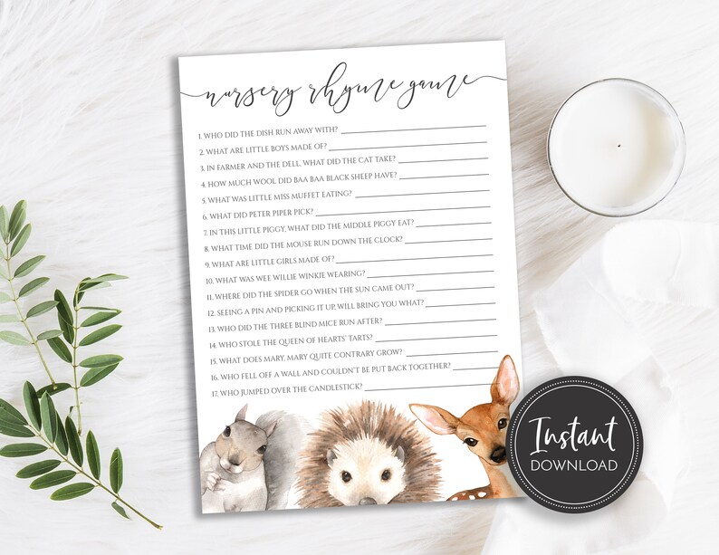 Woodland Nursery Rhyme Baby Shower Game Forest Animals Baby Etsy
