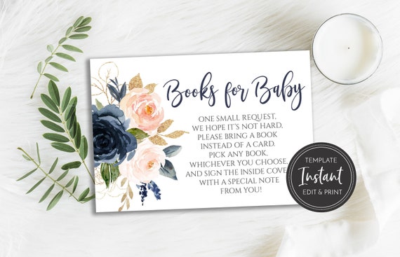 Blush Pink Navy Books for Baby Card, Baby Shower Book Request, Gender Neutral Flowers, Digital Download Template, BA-212 Il_570xn
