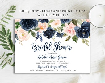 Blush Navy Bridal Shower Invitation, Pink Blue Floral Wedding Invite, Digital Template, BR-99