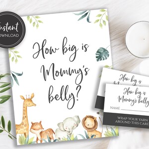 Animales de la selva ¿Qué tan grande es el vientre de mamá baby shower signo y tarjetas de adivinación tigre elefante cebra jirafa, Safari Descarga instantánea, BA-85