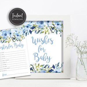 Deseos florales azules para el letrero y la tarjeta de la mesa del bebé, baby shower del niño azul, descarga instantánea, bricolaje imprimible, BA-132