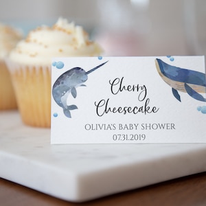 Blue Whale Narwhal Editável Tabela Tenda Place Cards Flat Dobrado DIY Baby Blue Boy Shower, Digital Instant Download, Edit IN Templett, BA-83