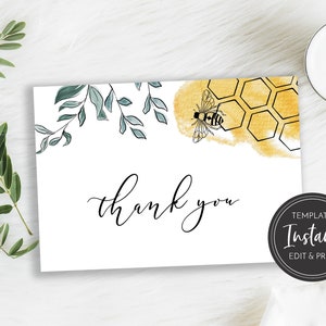 As Sweet as Can Bee Baby Shower Thank You Card Template, Flat and Folded, Edit in Templett, Printable Download, BA-189, BR-52, BR-162