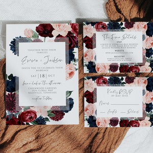 Navy Burgundy Floral Wedding Invitation Set (Digital Download)