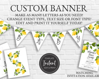 Main Squeeze Lemon Baby Shower, Banner Lemon Bridal Shower Banner, Edit Yourself Printable Banner, Editable Template, BA-176, BR-16